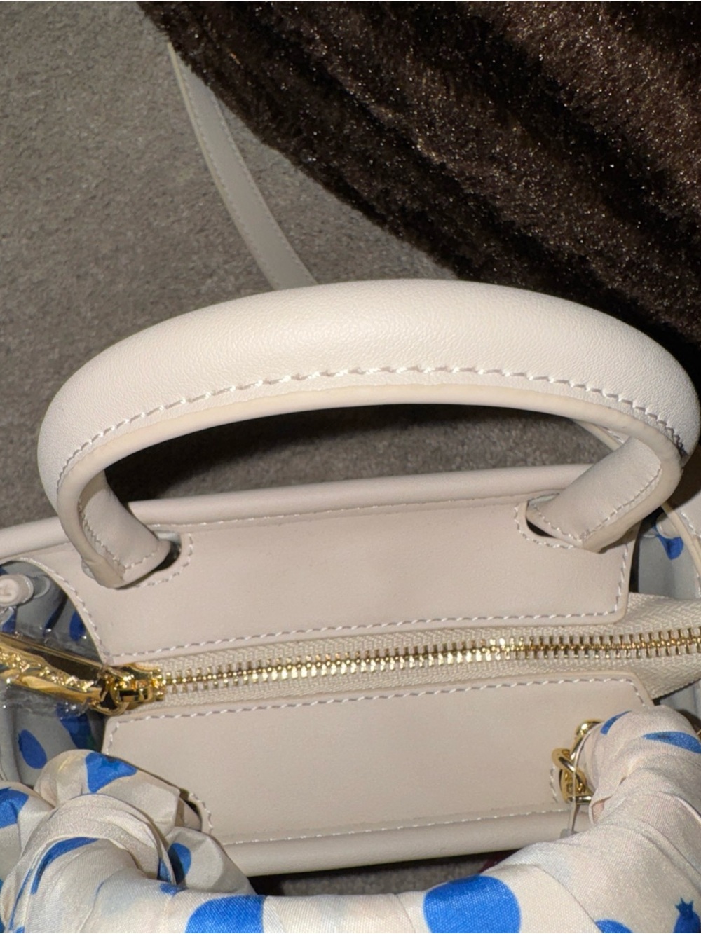 Betsey Johnson White and Red Stripe Mini Top-Handle Bag with Blue Pom Charm - Picture 9 of 11